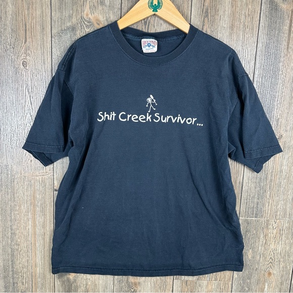Vintage 90s Funny T-Shirt "Sh*t Creek Survivor" Size Large Black - Picture 1 of 5